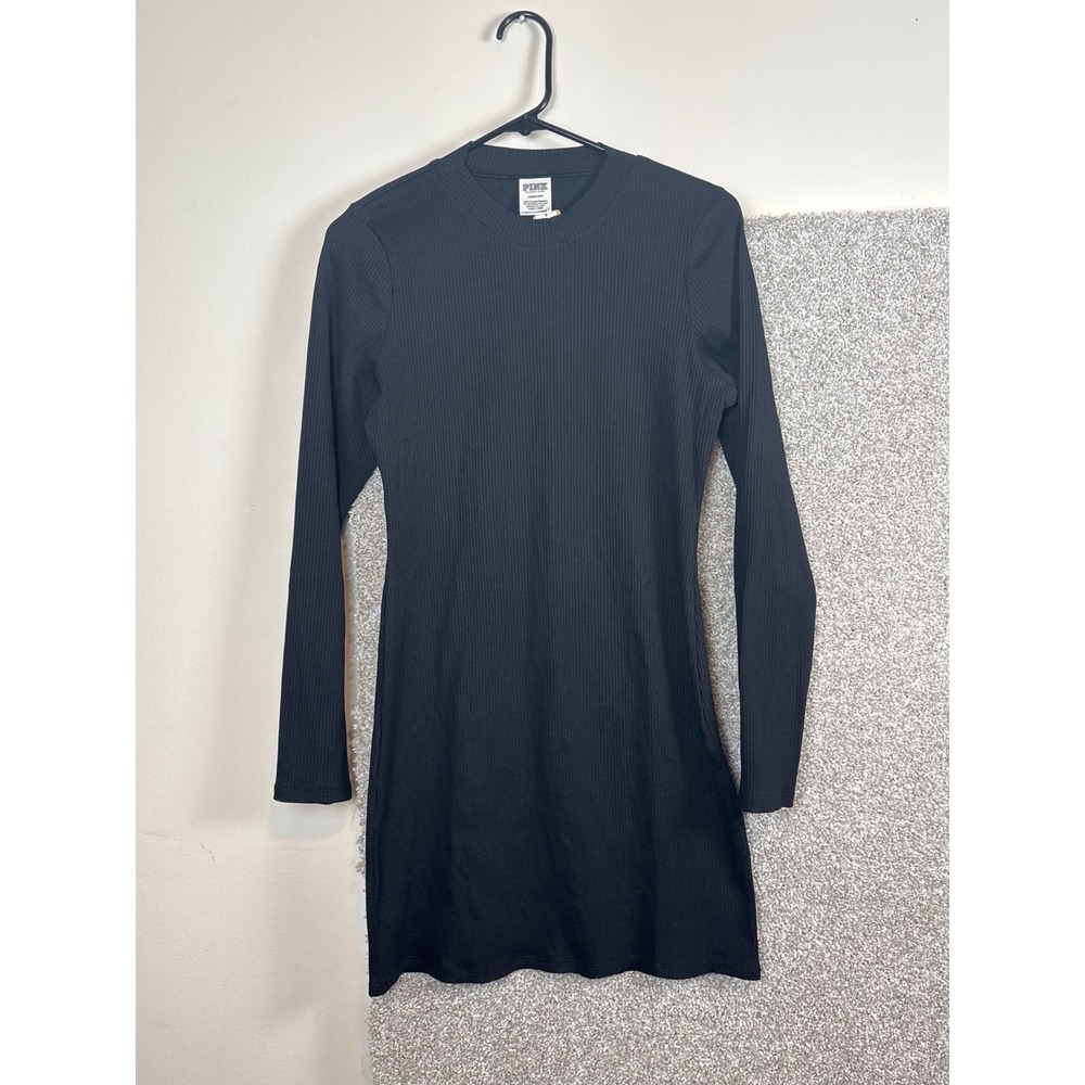 NEW PINK‎ Victoria Secret Black Ribbed Long Sleeve Mini Dress Size Large